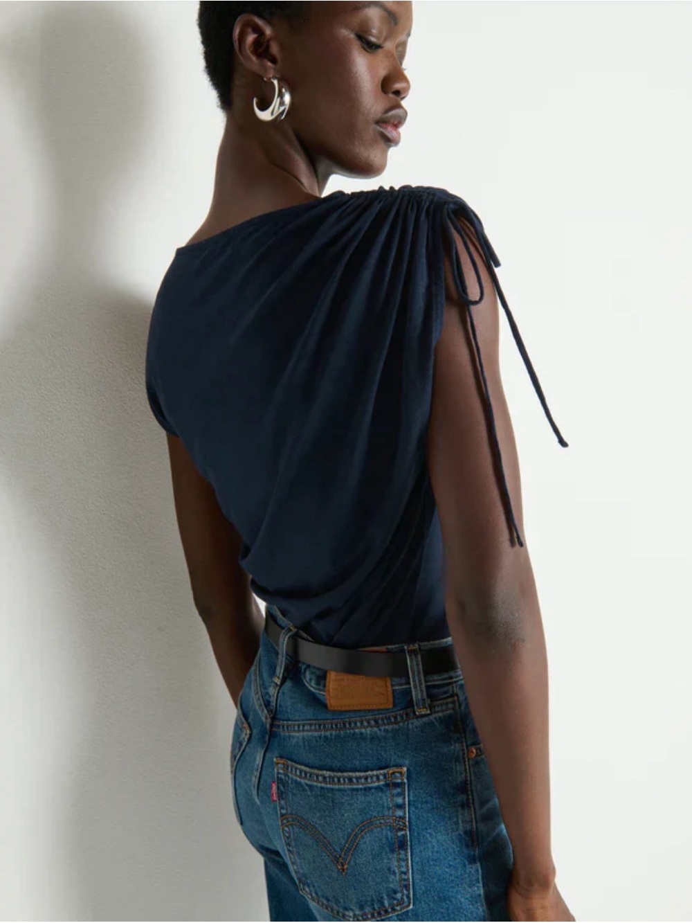 Nation LA Julie Navy Ruched Drawstring Shoulder Tie Tank - Small